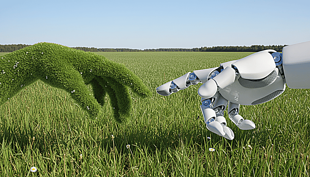 Robotic hand and grass hand reaching toward each other